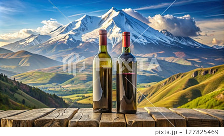 Two Bottles of Wine on Wooden Table. Generative AI 127825469