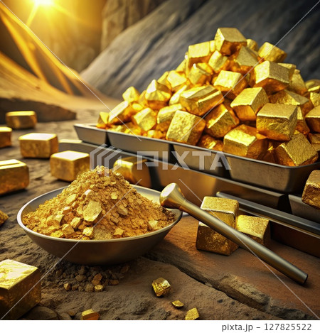 Bowl of Gold Next to Pile of Gold Bars. Generative AI 127825522
