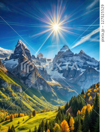 Sun Shining Over Mountains and Trees. Generative AI 127825529