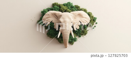 an animal head is displayed against a light backdrop, surrounded by clusters of greenery. the animal head is pale and features prominent ears, tusks, and detailed facial features 127825703