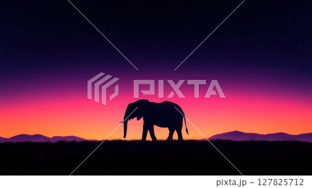 the image shows the silhouette of a large animal standing on a grassy plain at dusk or dawn the image shows the silhouette of a large animal standing on a grassy plain at dusk or dawn 127825712