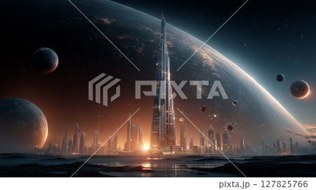 Skyscrapers in space, the symbol of future business rising beyond Earth's horizon 127825766