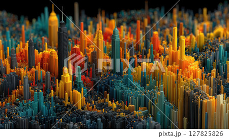 Vibrant 3D visualization of economic concepts with towering bar graphs in various colors, resembling futuristic cityscape 127825826