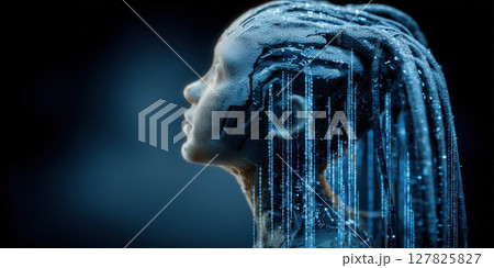 Futuristic AI entity with digital streams and binary code, evoking sense of advanced technology 127825827