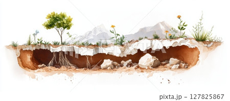 the illustration depicts a cross section of a landscape 127825867