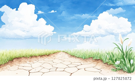 the image depicts a cracked, earthen path stretching toward a horizon filled with a light blue sky and fluffy, white clouds the image depicts a cracked, earthen path stretching toward a horizon filled with a light blue sky and fluffy, white clouds 127825872