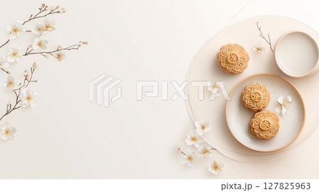 the image showcases a bright, overhead composition featuring a selection of floral pastries arranged with delicate blossoms 127825963