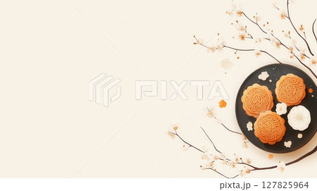 the still life features a collection of circular pastries arranged on a dark plate. the treats have intricate designs pressed into their tops 127825964