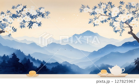 the artwork presents a scenic mountain landscape, rendered in a delicate wash of blue hues that create a sense of depth and distance 127825967