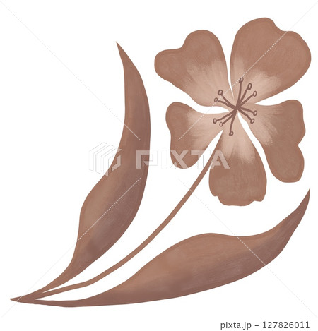 Hand drawn illustration of mocha mousse beige brown flowers leaves branch in curved modern shape outline. Minimalist floral garden design, bloom for cards invitations, elegant foliage plant nature. 127826011