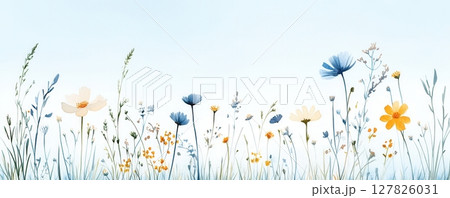 the image features a field of delicate wildflowers against a light blue background. a variety of flowers in hues of blue, white, and yellow are scattered throughout the scene 127826031