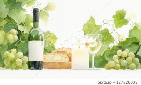 a watercolor illustration depicts a still life composition centered around a glass of a white beverage, a bottle with a blank label, and a candle with a lit flame a watercolor illustration depicts a still life composition centered around a glass of a white beverage, a bottle with a blank label, and a candle with a lit flame 127826035