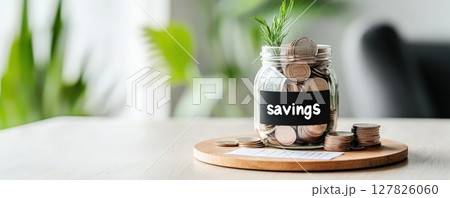 A glass jar labeled  Savings  filled with various coins and cash representing the concept of financial security savings growth and wealth accumulation for the future 127826060