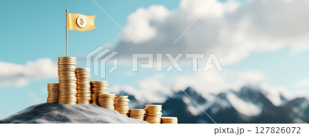 Coins stacked as a staircase leading up to a flag on a hill representing the concept of financial growth success and prosperity  This image symbolizes the journey towards wealth profits 127826072