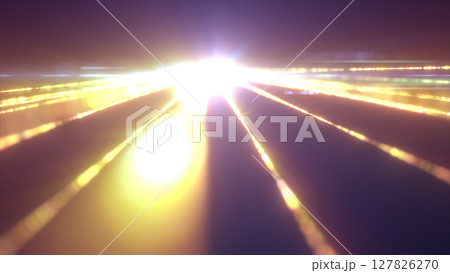 Blinding white-yellow light source at the vanishing point, surrounded by luminous streaks extending outward in every direction 127826270