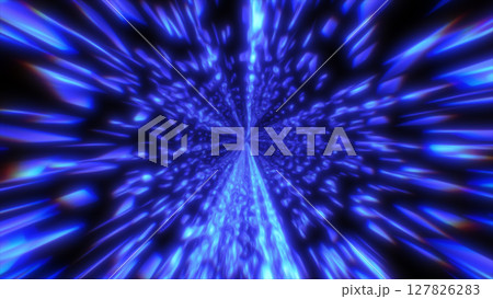 Bright blue light rays converge into a glowing vortex tunnel, creating a sense of rapid motion through a digital space 127826283