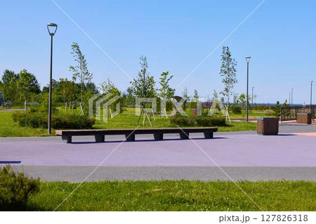A modern and inviting park landscape featuring comfortable benches surrounded by lush greenery, A modern and inviting park landscape featuring comfortable benches surrounded by lush greenery, 127826318