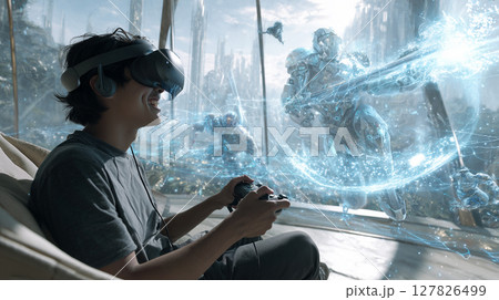 リビングでVRゲームを楽しむ若い男性 127826499