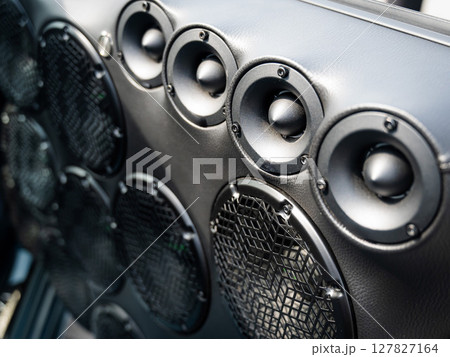 Detailed Close-Up of a Sports Car Gear Shift and Interior Features. Detailed Close-Up of a Sports Car Gear Shift and Interior Features. 127827164