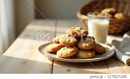 a plate rustic cookies with glass of milk on the background 127827280