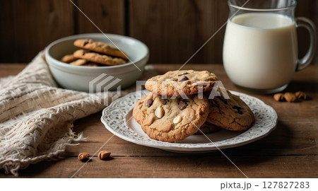 a plate rustic cookies with glass of milk on...のイラスト素材 [127827283] - PIXTA