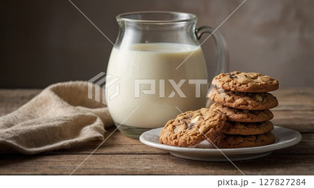 a plate rustic cookies with glass of milk on...のイラスト素材 [127827284] - PIXTA