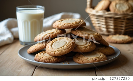 a plate rustic cookies with glass of milk on the background 127827289