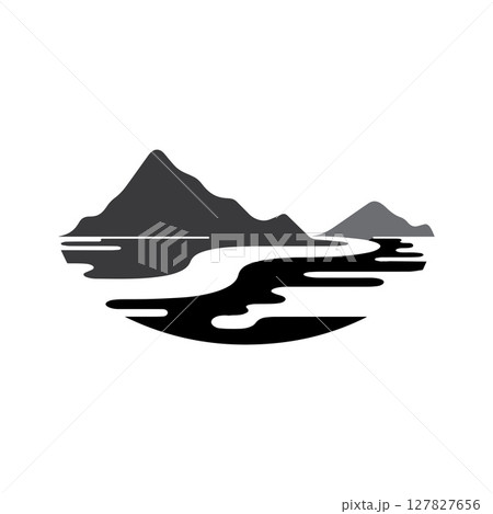 Logos of rivers, creeks, riverbanks and streams. River logo with combination of mountains and farmland with concept design vector illustration template 127827656