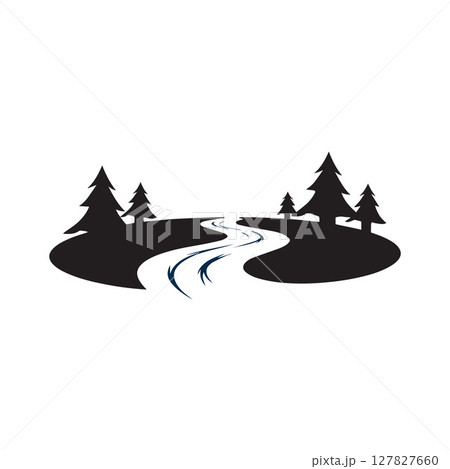 Logos of rivers, creeks, riverbanks and streams. River logo with combination of mountains and farmland with concept design vector illustration template 127827660