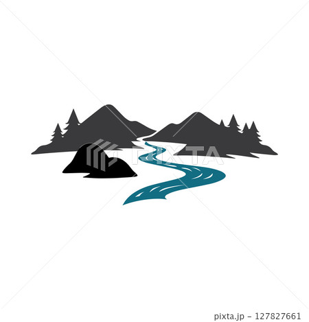 Logos of rivers, creeks, riverbanks and streams. River logo with combination of mountains and farmland with concept design vector illustration template 127827661