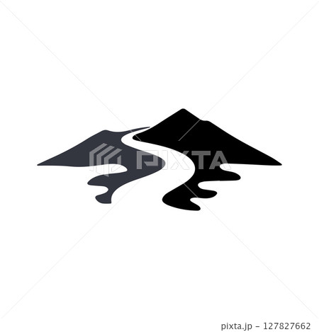 Logos of rivers, creeks, riverbanks and streams. River logo with combination of mountains and farmland with concept design vector illustration template 127827662