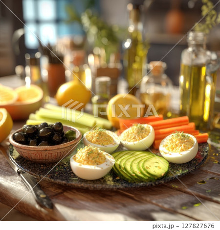 Wholesome Healthy Deviled Eggs Platter A Nutritious Spread with Fresh Vegetables, Olives, and Zesty Citrus Perfect for a Balanced Snack 127827676