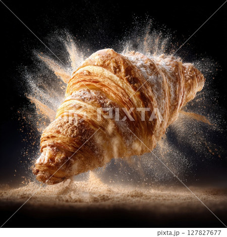 Fluffy Golden Croissant Explosion A Deliciously Baked Pastry with Delicate Layers, Showered in Sugar Dust, Against a Dramatic Dark Background Perfect Bakery Delight 127827677