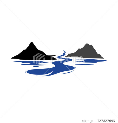 Logos of rivers, creeks, riverbanks and streams. River logo with combination of mountains and farmland with concept design vector illustration template 127827693