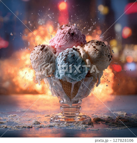 Dynamically Splashing Ice Cream Sundae Multiple Scoops of Delicious, Colorful Ice Cream with Chocolate Sprinkles and a Waffle Cone in a Glass Urban Nightlife Dessert 127828106