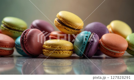 colorful assorted macarons in playful motion colorful assorted macarons in playful motion 127828291