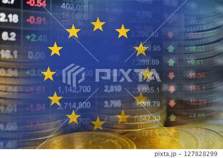 EU flag with stock market finance, economy trend graph digital technology. 127828299