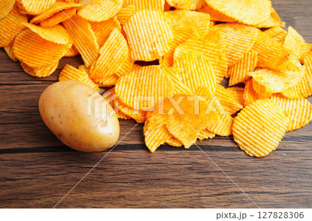Potato chips , delicious BBQ seasoning spicy for crips, thin slice deep fried snack fast food. Potato chips , delicious BBQ seasoning spicy for crips, thin slice deep fried snack fast food. 127828306