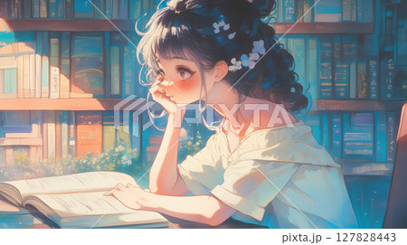 書棚に囲まれた読書好きな女の子が本に顔をうずめる様子を丁寧に描いた、静けさと癒しが同居する手描き風 書棚に囲まれた読書好きな女の子が本に顔をうずめる様子を丁寧に描いた、静けさと癒しが同居する手描き風 127828443