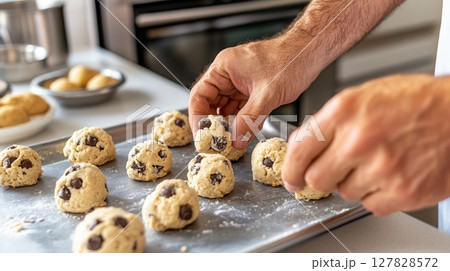 Male baker arranges chocolate chip cookie dough balls on silver baking sheet in modern kitchen. Clean and bright kitchen background 127828572