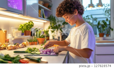 Cheerful teenage boy preparing veggie stir-fry with red onions and zucchini in bright minimalist kitchen. Clean and bright kitchen background 127828574