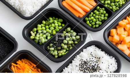 Balanced bento-style meal preps in sleek containers with monochrome and color elements on white counter. Clean and bright kitchen background 127828598