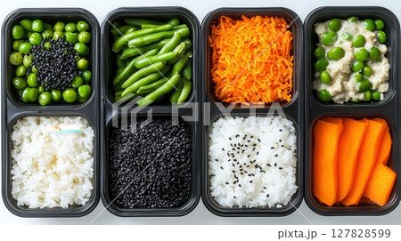Balanced bento-style meal prep in sleek containers with rice, sesame, bright carrot, and beans in modern kitchen. Clean and bright kitchen background 127828599