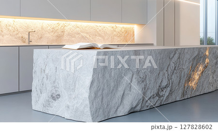 Clean kitchen design with grey stone slab backsplash and matching island, matte white cabinetry with hidden handles. Clean and bright kitchen background 127828602