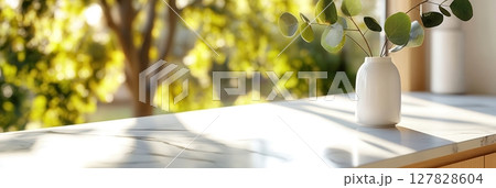 Clean designer kitchen with wide marble counter and eucalyptus branch in white vase in crisp morning light. Clean and bright kitchen background 127828604