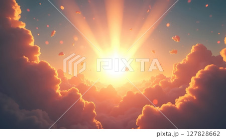 a bright orange sun setting over a field 127828662