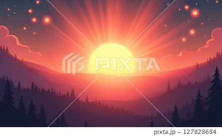 a bright orange sun setting over a field 127828684