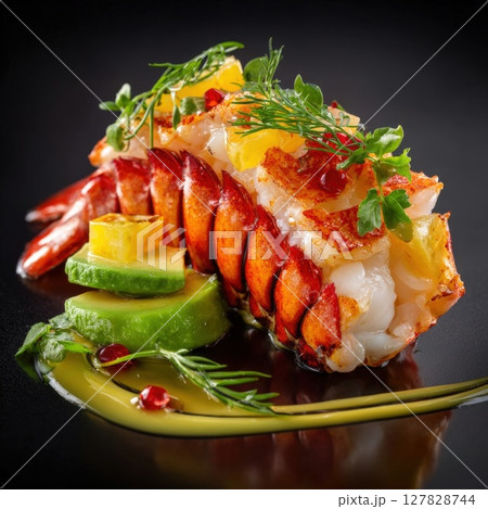 Exquisite Gourmet Lobster Tail A Culinary Masterpiece on Black, Adorned with Vibrant Citrus, Fresh Herbs, and Luscious Avocado 127828744