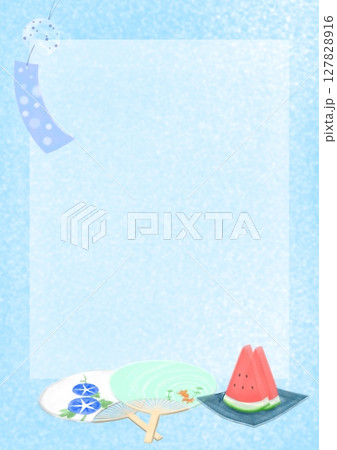 涼しげな風鈴・うちわ・スイカの夏イメージ背景イラスト 涼しげな風鈴・うちわ・スイカの夏イメージ背景イラスト 127828916