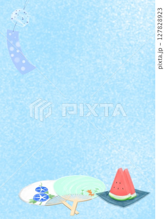 涼しげな風鈴・うちわ・スイカの夏イメージ背景イラスト 127828923